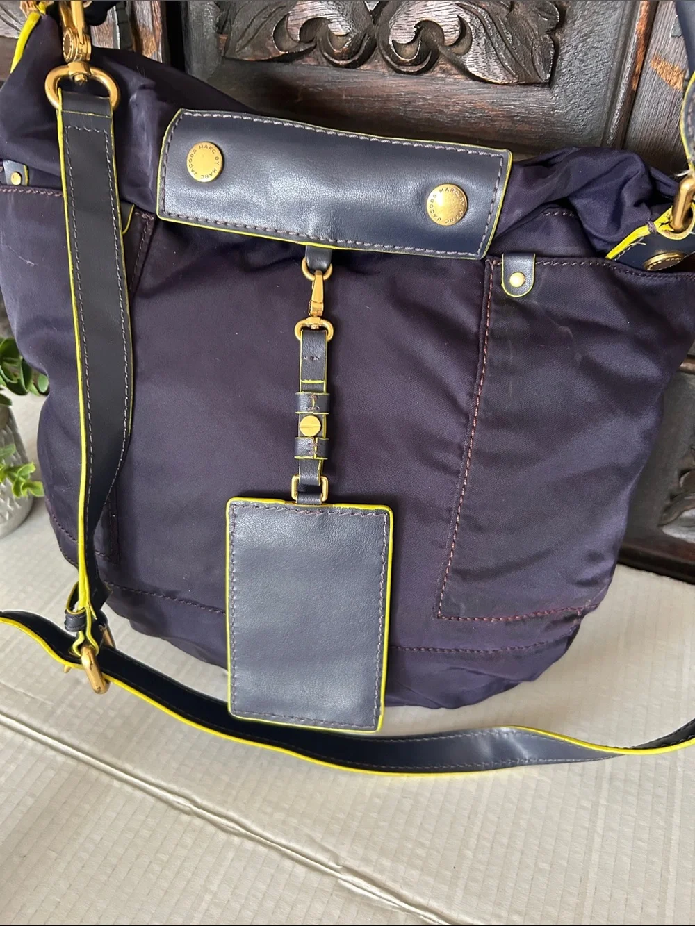 Marc Jacobs Nylon Navy Blue Shoulder Bag with Yellow Trim